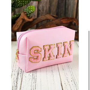 NEW! Pink SKIN Embroidered Patch Zipped Cosmetic Bag